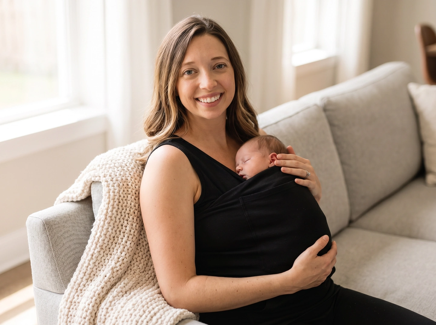 Smiling mom seated on the sofa with her newborn in the pocket of her LIOR shirt, her hand supporting the baby