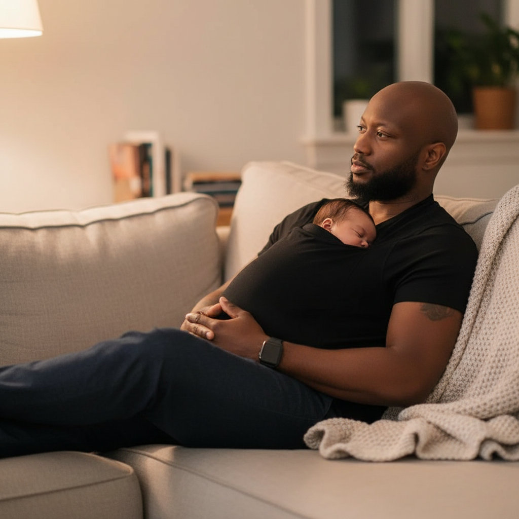 Dad seated on the sofa with his newborn in his LIOR shirt pocket, his hands supporting the baby