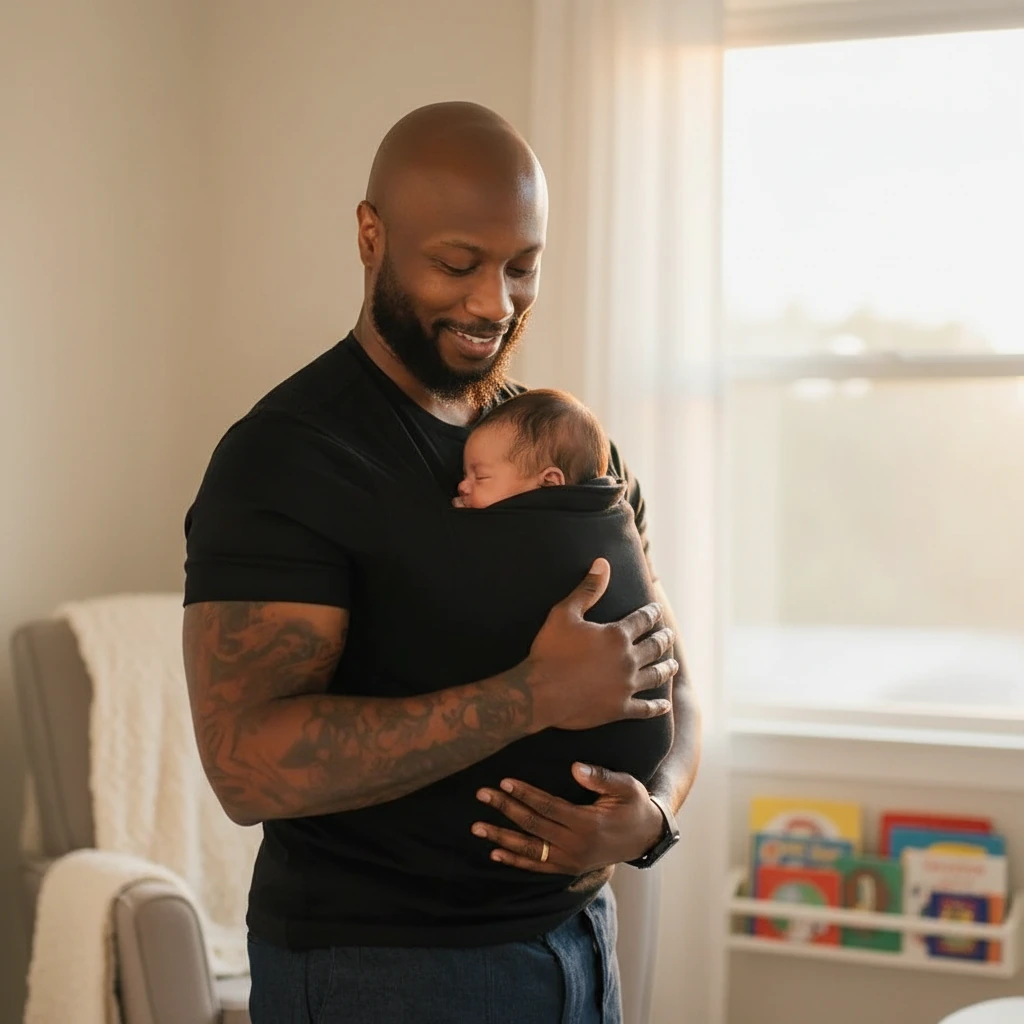 Dad in a nursery holding his newborn close in the pocket of his LIOR shirt, both hands supporting the baby